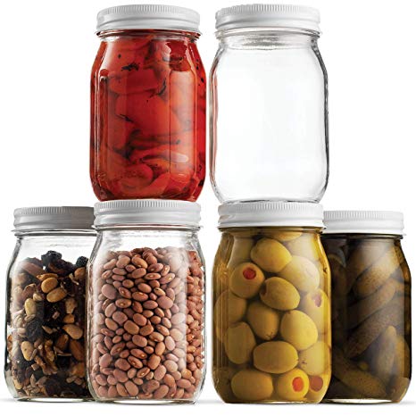 Glass Mason Jar 16 Ounce (1 Pint) - 6 Pack - Regular Mouth, Metal Airtight Lid, USDA Approved, Pickling, Preserving, Jam, Honey, Jelly, Canning Jars, Dry Food Storage, Craft Storage, Decorating Jar
