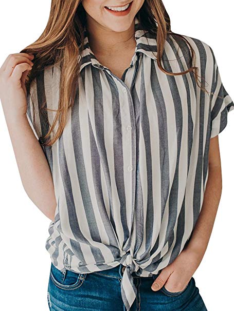 Women's Summer Striped Button Up Tie Front Shirt Casual Loose Short Sleeve Tops