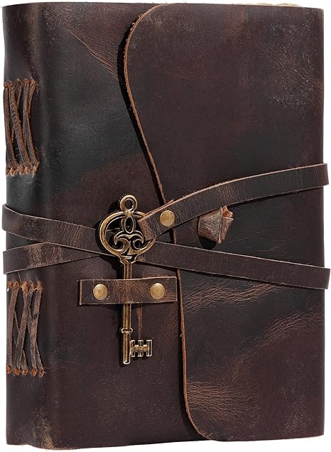 Leather Journal with lined Deckle Edge Paper 8x6 inch and Vintage Key/Handmade Writing Notebook Diary/Bound Daily Notepad for Men & Women Medium, Sketch/Writing pad, Gift for Artists (8 x 6, Brown)