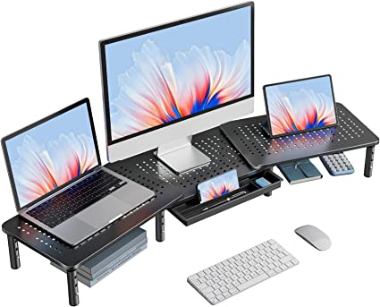 HUANUO Dual Monitor Stand, Dual Monitor Riser with Adjustable Height & Angle, Monitor Stand w/Ventilated Metal Platforms, Monitor Stand Riser for 15.6” Laptop, PC, Small Printer