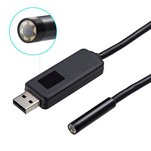 Aiposen USB Borescope Endoscope Inspection Camera - 2M/6.5ft, Len Diameter 7mm, 0.3 Megapixels, 6 LED, Waterproof IP67 (Lens 7mm-2M) (2M)