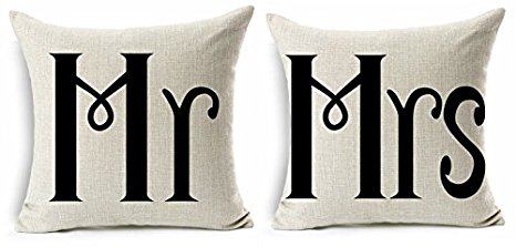 Oliadesign MR and MRS Couple Cotton Linen Pillow Cover, 17.3 x 17.3"