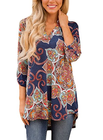 Dokotoo Women Casual Split V Neck Cuffed Sleeve Floral Print Blouses Tops (9 Floral Pattern)