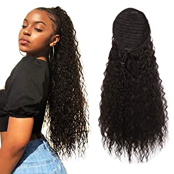 RACILY Human Hair Clip in Corn Wave Ponytail Extensions, Long Wrap Drawstring Curly Clip on Pony Tail Hairpiece, 100% Unprocessed Brazilian Virgin Hair for Black Women (18")