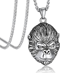 Bandmax Retro Style Animal Necklace for Men Women Stainless Steel/Black Animal Gorilla/Dragon/Crocodile/Dinosaur/Snake Pendants with 22" Spiga Chain Biker Necklace Jewelry