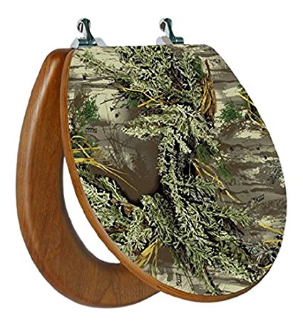TOPSEAT 6TSPR2159CP 999 3D Upland Series "Max-1 Camouflage" Round Toilet Seat with Chromed Metal Hinges, Wood Finish