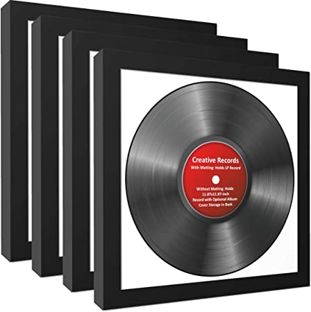 CreativePF [4pk-lp12.5x12.5bk-w] LP Vinyl Record Album Frame Display with White Mat, LP Record Insert, Glass and Wall Hanger (4-Pack)