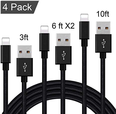 MFi Certified iPhone Charger Lightning Cable, Hxvuter 4Pack(3/6/6/10ft) Extra Long Nylon Braided USB Fast Charging&Syncing Cable Compatible iPhone 11/11Pro/11Pro Max Xs MAX XR 6/7/8, 6/7/8 Plus.
