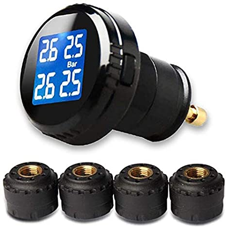 Goolsky Tire Pressure Monitor with 4 External Cap Sensors Wireless Tire Pressure Monitoring System TPMS Cigarette Lighter Plug LCD Blue Backlight Display