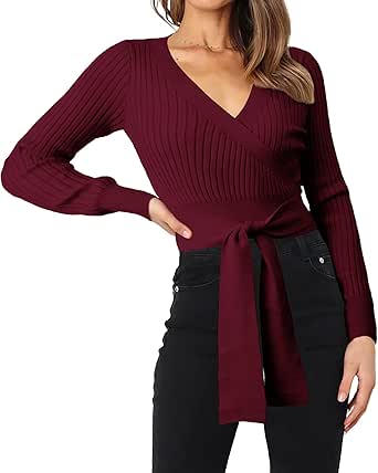 BTFBM Women Wrap Deep V Neck Cropped Sweaters Long Sleeve High Waist Tie Front Slim Fit Ribbed Knit Pullover Sweater Top