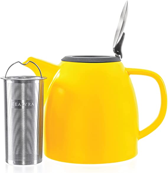 Tealyra - Drago Ceramic Teapot Yellow - 37-ounce (4-6 cups) - Large Stylish Teapot with Stainless Steel Lid - Extra-Fine Infuser To Brew Loose Leaf Tea - Leed-Free - 1100ml