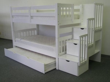 Bedz King Twin Over Twin Stairway Bunk Bed with Twin Trundle, White