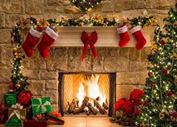 DANIU Merry Christmas Eve Photo Backdrop Christmas Trees Xmas Fireplace Gifts Red Bow Stocking Backgrounds for Photography 210cmX150cm