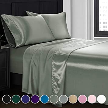 Homiest 4pcs Satin Sheets Set Luxury Silky Satin Bedding Set with Deep Pocket, 1 Fitted Sheet   1 Flat Sheet   2 Pillowcases (Full Size, Dark Gray)