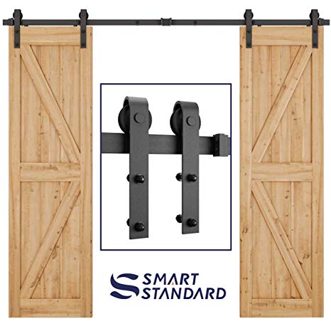 8ft Heavy Duty Double Door Sliding Barn Door Hardware Kit -Smoothly and Quietly -Simple and Easy to Install -Includes Step-by-Step Installation Instruction - Fit 24" Wide Door Panel (J Shape)