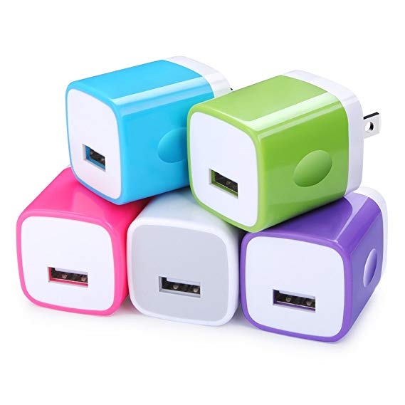 Charging Block, FiveBox 5PC 1Amp USB Wall Charger Adapter Brick Phone Charger Cube Plug Charger Box Base for Android, iPhone X/8/7/7s, Samsung Galaxy S6/S7/S8, HTC, Nexus, Sony, LG, Goggle, Blackberry