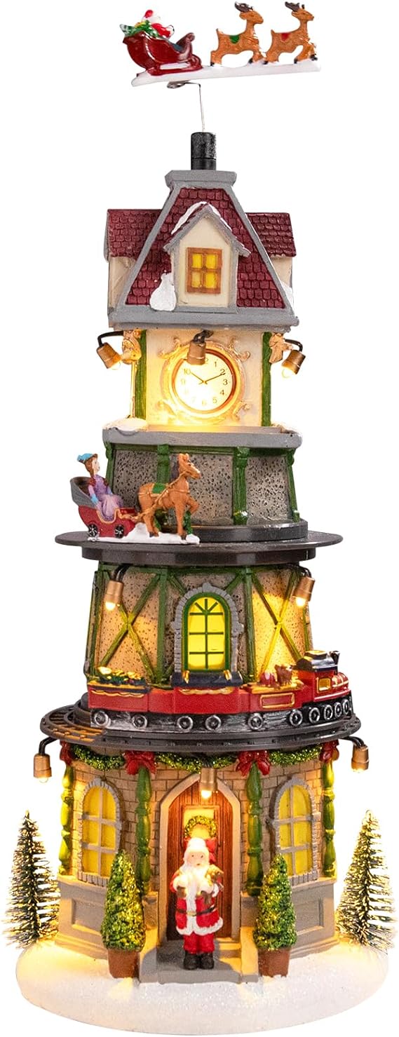 MUMTOP Christmas Village Clock Tower, Warm LED Lights Light Up Bell Tower and Buildings, Rotating Christmas Reindeer and Railway Train, Music Rendering Atmosphere