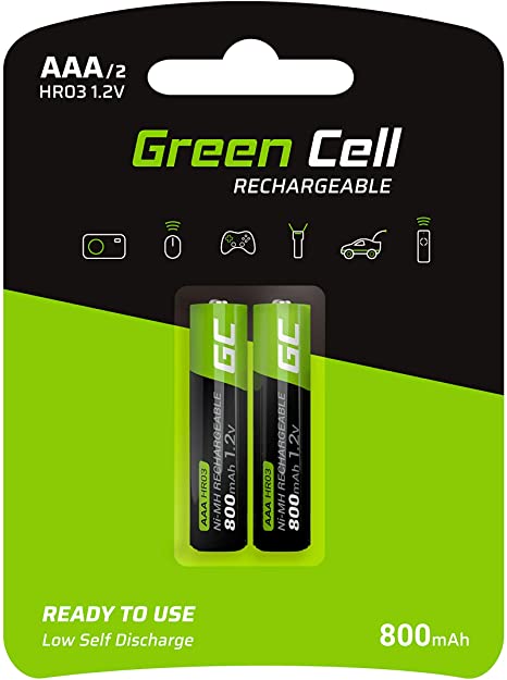 Green Cell 800mAh 1.2V Type AAA Pre-Charged Rechargeable Batteries, Pack of 2, Ni-MH Batteries, High Capacity, Ready to Use, Low Self Discharge, Micro Battery, HR03