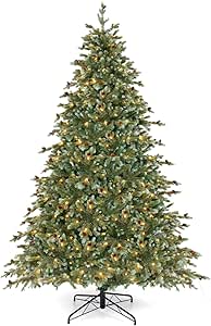 Goplus 8ft Pre-Lit Artificial Christmas Tree, Hinged Full Xmas Pine Tree with 410 Warm White LED Lights, 8 Modes, 1226 PVC & PE Branch Tips, Pine Cones, Metal Stand, Seasonal Home Office Decoration