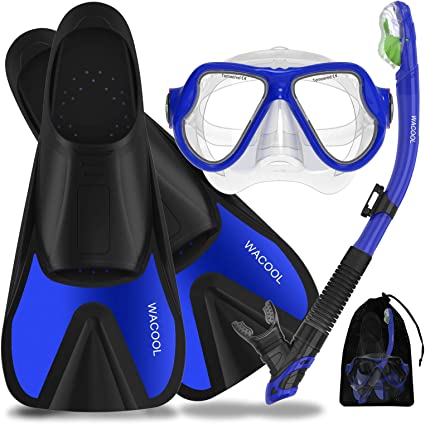 WACOOL Snorkeling Package Set for Adults, Anti-Fog Coated Glass Diving Mask, Snorkel with Silicon Mouth Piece,Purge Valve and Anti-Splash Guard w/Travel Short Swim Fins