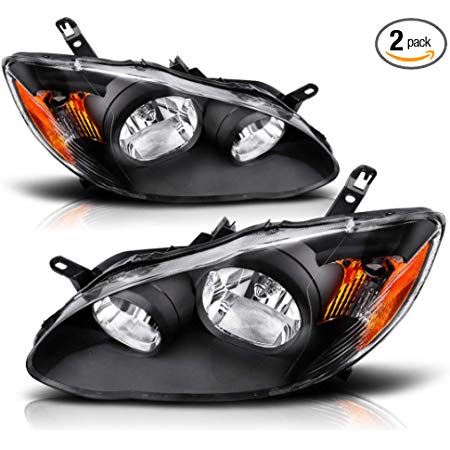 Headlight Assembly for 2003-2008 Toyota Corolla Headlamps Replacement Black Housing Amber Reflector