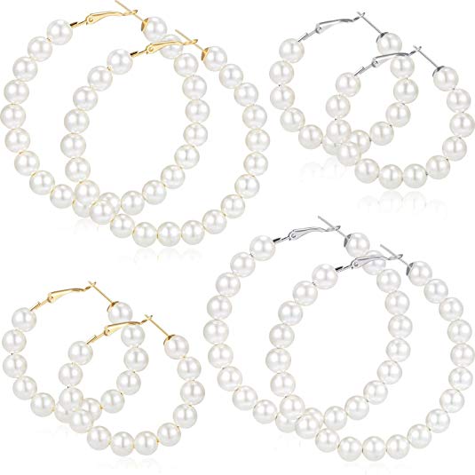 4 Pairs Faux Pearl Hoop Earrings Circle Dangle Drop Earrings Lightweight Artificial Pearl Beaded Earrings