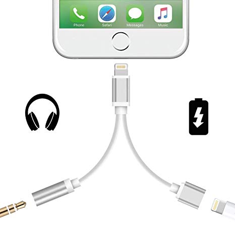 JOVERS Lighting Adapter for Phone 7/7 Plus, 2 in 1 Lighting to 3.5mm Headphone Jack Adapter Audio/Charging Cable(iOS 10.2)-Silver