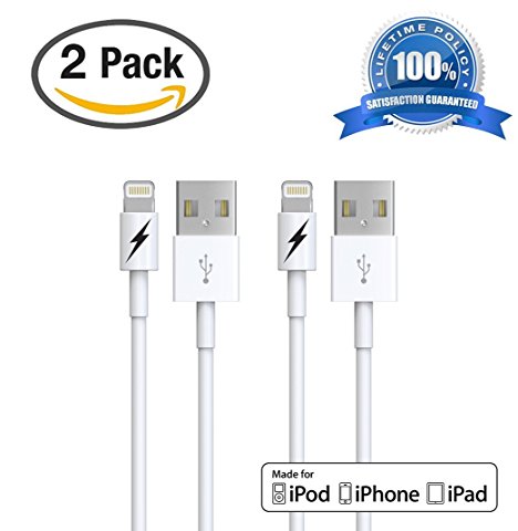 [Apple MFi Certified] [2 Pack] Lightning to USB Charger and Sync Cable for iPhone 6 6Plus 5s 5c 5, iPad Air mini, iPad 4th gen, iPod touch 5th gen, iPod nano 7th gen (White - 2 x 1 Meter) Extremely Durable with Lifetime Guarantee!