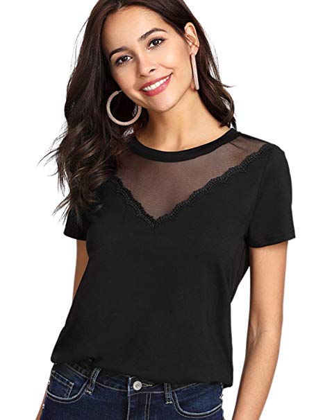 Romwe Women's Mesh Lace Round Neck Short Sleeve T-Shirt Tunic Top