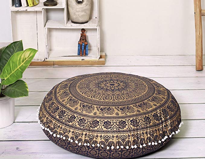 Popular Handicrafts Large Hippie Mandala Elephant Floor Pillow-Cushion-Pouf COVER Round Bohemian Yoga Decor Floor Cushion Case- 32" Blue Gold