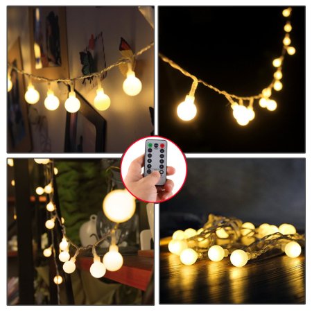 [Remote & Timer] 16 Feet 50 LED Outdoor Globe String Lights 8 Modes Battery Operated Frosted White Ball Fairy Light(dimmable, Ip65 Waterproof, Warm White)