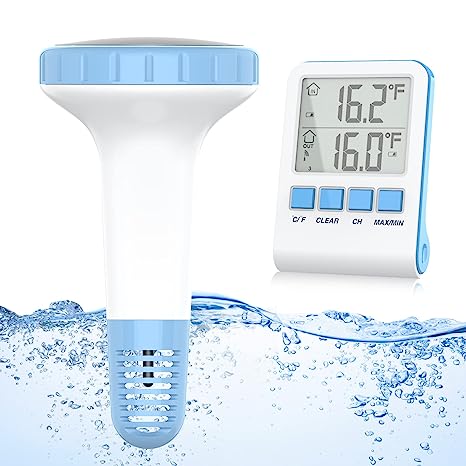 Pool Thermometer,Wireless Floating Pool Thermometer Easy Read,Outdoor Digital Thermometers with Indoor Temperature Monitor,IPX7 Waterproof and High Accuracy for Swimming Pool,Bath Water,Small Ponds