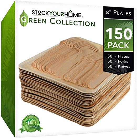 Eco Dinnerware Bamboo Like Palm Leaf Plates and Cutlery (150 Pieces) 50 Palm Leaf Plates, 50 Wooden Forks and 50 Wooden Knives - Compostable Plates and Cutlery