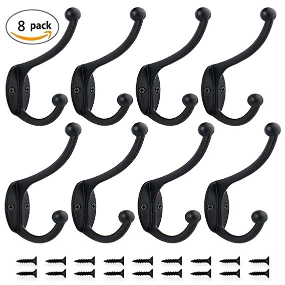 Aronydia Heavy Duty Coat Hooks Wall Mounted 8 Packs with 18 Screws 36 LB Utility Hooks Heavy Duty Cup Hooks Retro Double Hooks for Coat, Scarf, Bag, Towel, Key, Cap, Cup (Classic Black)