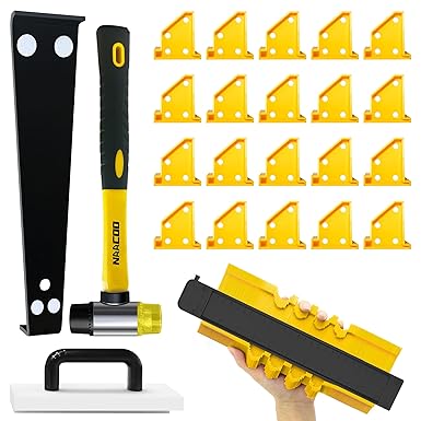 Laminate Flooring Tools, Flooring Installation Kit，Professional Vinyl Flooring Tools - Tapping Block with Handle, 10” Contour Gauge, Pull Bar, 2 in 1 Flooring Spacers, Rubber Mallet