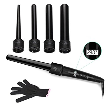 XiangWeiYu 5 in 1 Hair Curler Wand Set Hair Curler Wand Interchangeable Ceramic Tourmaline Barrels Temperature Control Dual Voltage - Free Protective Glove