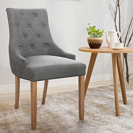 JAXPETY Set of 2 Elegant Fabric Accent Wood Dining Chairs, Upholstered Button Tufted Pattern, Soft Cushion with Nail Heads for Kitchen, Living Room and Restaurant (2-Pack,Gray)