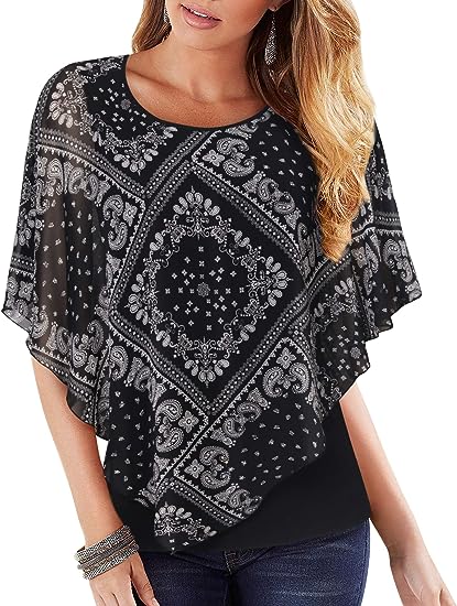 Lotusmile Women's Lightweight Flowy Shirt Double-Layered Printed Chiffon Poncho Blouse Top