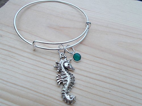Seahorse Bangle Bracelet With Birthstone Charm