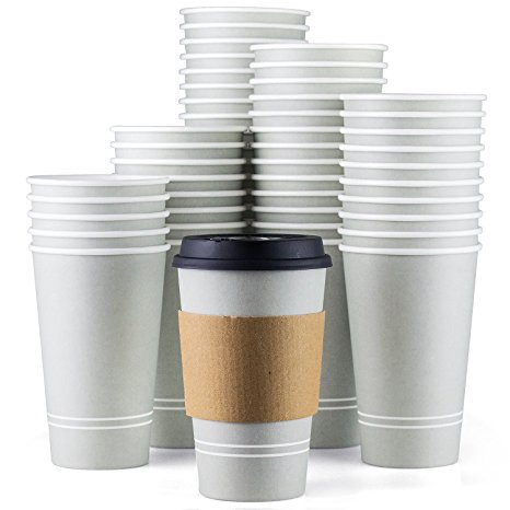 Disposable Coffee Cups With Lids - 16 oz To Go Coffee Cups (90 Set) With Sleeves and Tight Lids Prevent Leaks. Paper Hot Cup Holds Shape With Hot, Cold Drinks. Insulated to Protect Fingers from Heat!