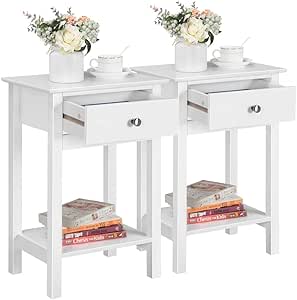 Yaheetech White Bedside Tables Set of 2PCs, Small Side Tables With Drawer, Wooden Nightstands Storage Unit with Shelf for Living Room & Bedroom, 30x40x61cm