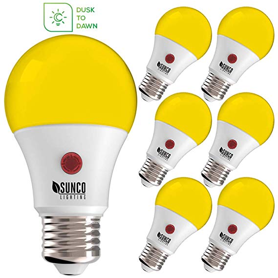 Sunco Lighting A19 LED Bulb,Yellow Bug Light, 9W, Auto On/Off, Dusk-to-Dawn Photocell Sensor, Bug Repellent/Bug Free, 2000K Amber Glow, Damp Location Patio, Deck, Backyard, Porch - 6 Pack