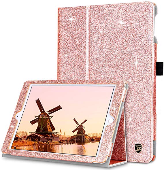 Case for iPad Air 2/iPad 9.7 2017/2018/iPad Air,DUEDUE Sparkly Glitter Bling PU Leather Shockproof Folio Stand Auto Sleep/Wake Full Protective Cover for iPad 6th, 5th Generation/iPad Air, Rose Gold