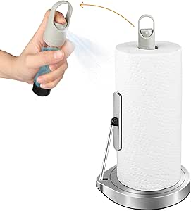 AIDEA Paper Towel Holder with Spray Bottle, Kitchen Towel Holder for Countertop, Spring Arm for Easy Tear, One-Handed Stainless Steel Paper Towel Dispenser with Weighted Base, Silver