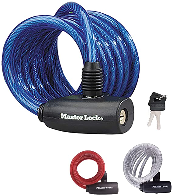 Master Lock Bike Lock Cable [Key] [1.8 m Coiling Cable] [Outdoor] [Random Color] 8127EURPRO - Ideal for Bike, Electric Bike, Skateboards, Strollers, Lawnmowers and other Outdoor Equipments