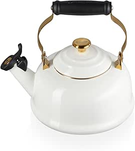 Le Creuset Enamel on Steel Whistling Kettle with Gold Finishes, 1.7 qt., White