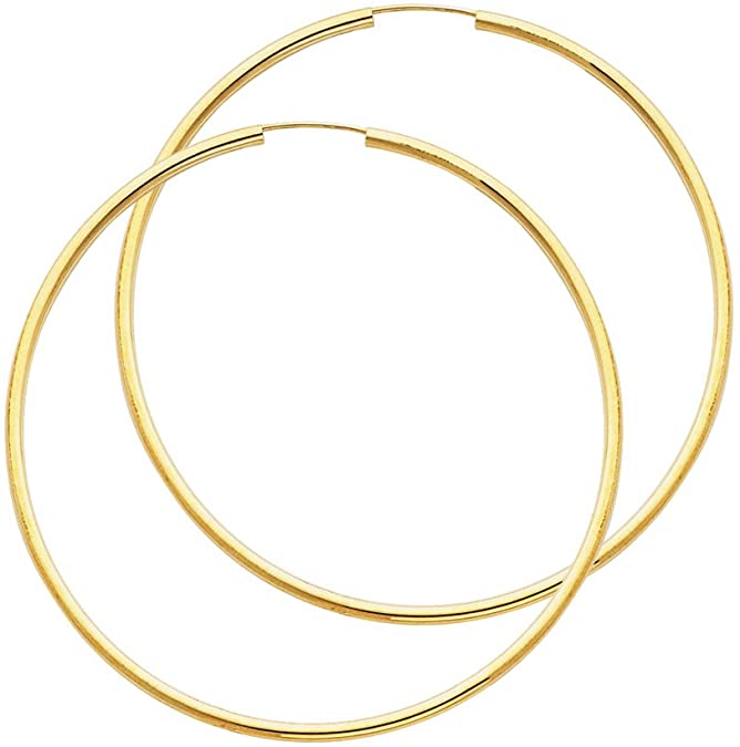 14k Yellow Gold 2mm Thickness Endless Hoop Earrings - 9 Different Size Available