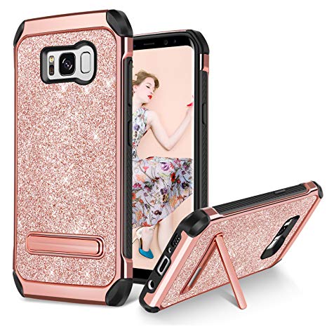 Galaxy S8 Case, BENTOBEN Bling Glitter Samsung S8 Case 2 in 1 Slim Hybrid TPU Bumper Hard PC Cover Coat Sparkly Shiny Cute Faux Leather with Metal Kickstand for Girls Samsung Galaxy S8 2017 Rose Gold