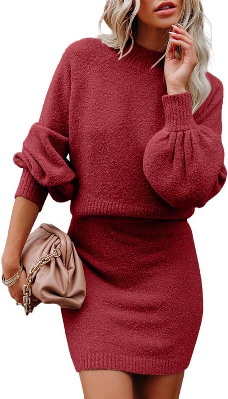 Dokotoo Women's 2 Piece Outfits Sweater Set Puff Long Sleeve Knit Cropped Top and Bodycon Skirt Dress