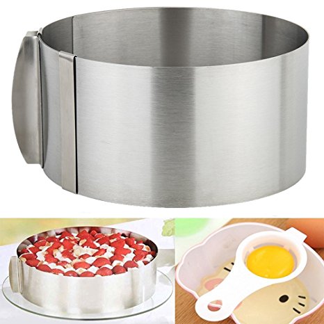 3 IN 1 Cake Ring Set 6 to 12 Inch Adjustable Retractable Stainless Steel Ankoow Circle Round Mousse Tiramisu Mold with 1PCS Egg White Separator 1PCS Cake Edge Smoother Decorating Scraper Cutter